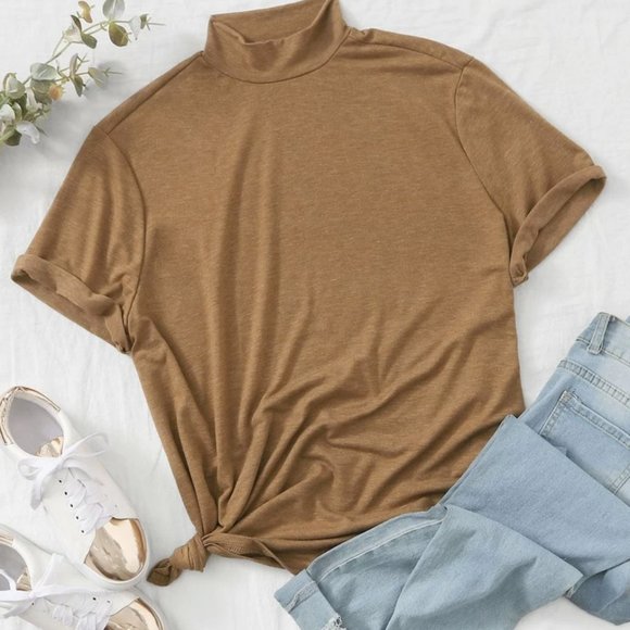 SHEIN Plus-Sized Turtleneck Short Sleeve Top Beige - Picture 1 of 4